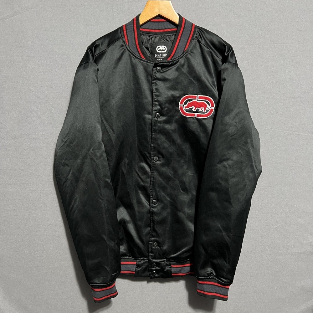 Ecko‎ Unltd Jacket Mens Medium Black Satin Quilted Snap Bomber Varsity Hip Hop